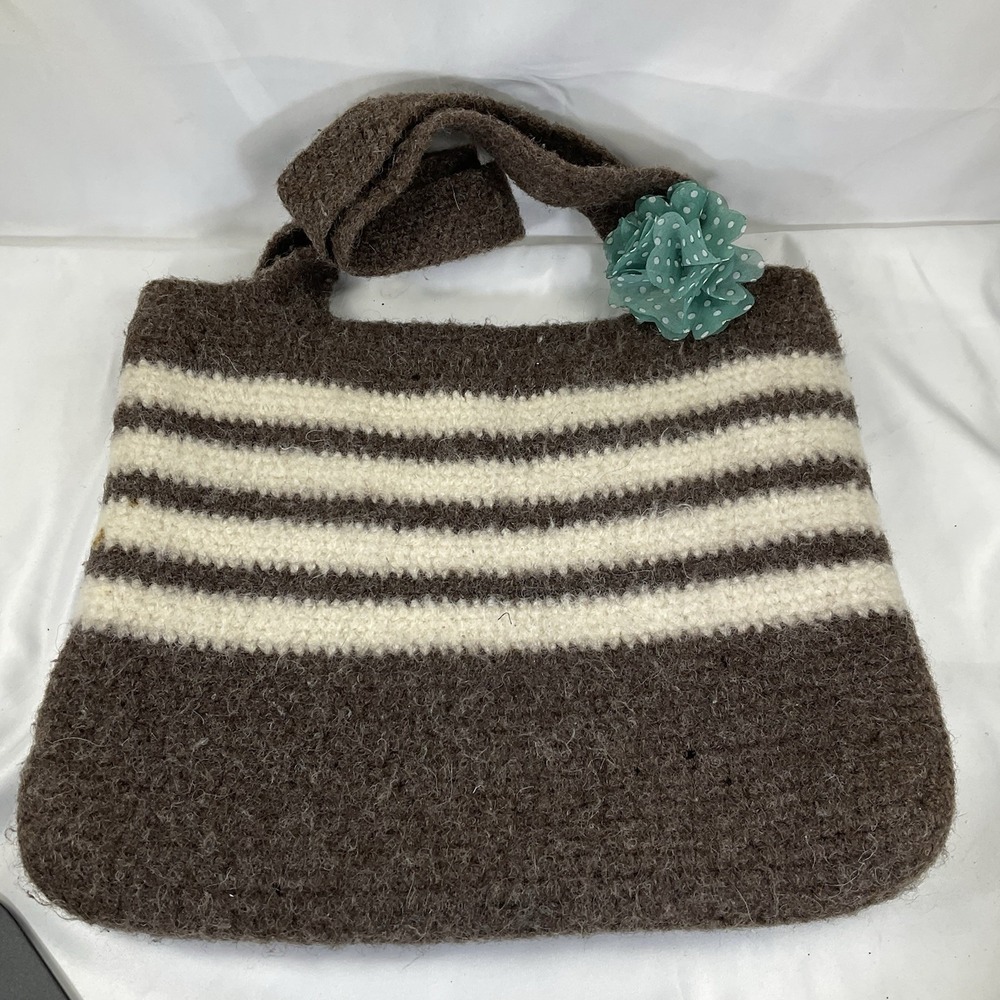 Brown And Cream Striped Felted Wool Tote Bag With Green Accent Flower